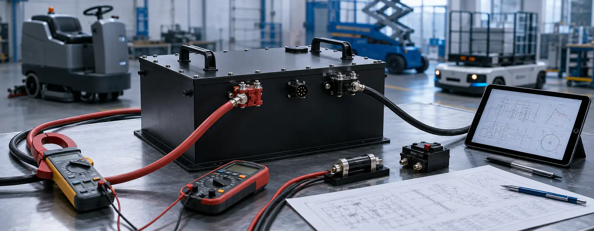 Industrial LiFePO4 battery pack discharge current calculation with clamp meter, BMS cables, connectors and fuse testing