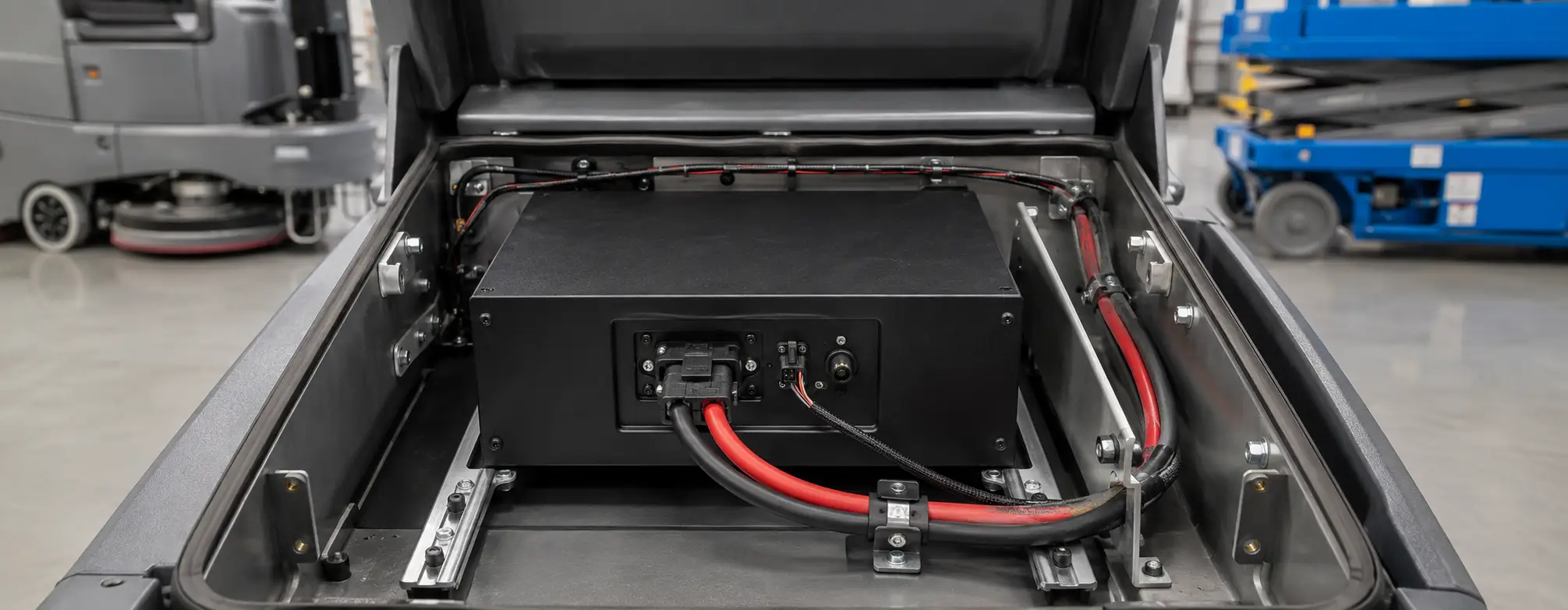 Battery harness failure inspection in floor scrubber and AWP equipment with LiFePO4 battery pack connectors cable clamps and service access