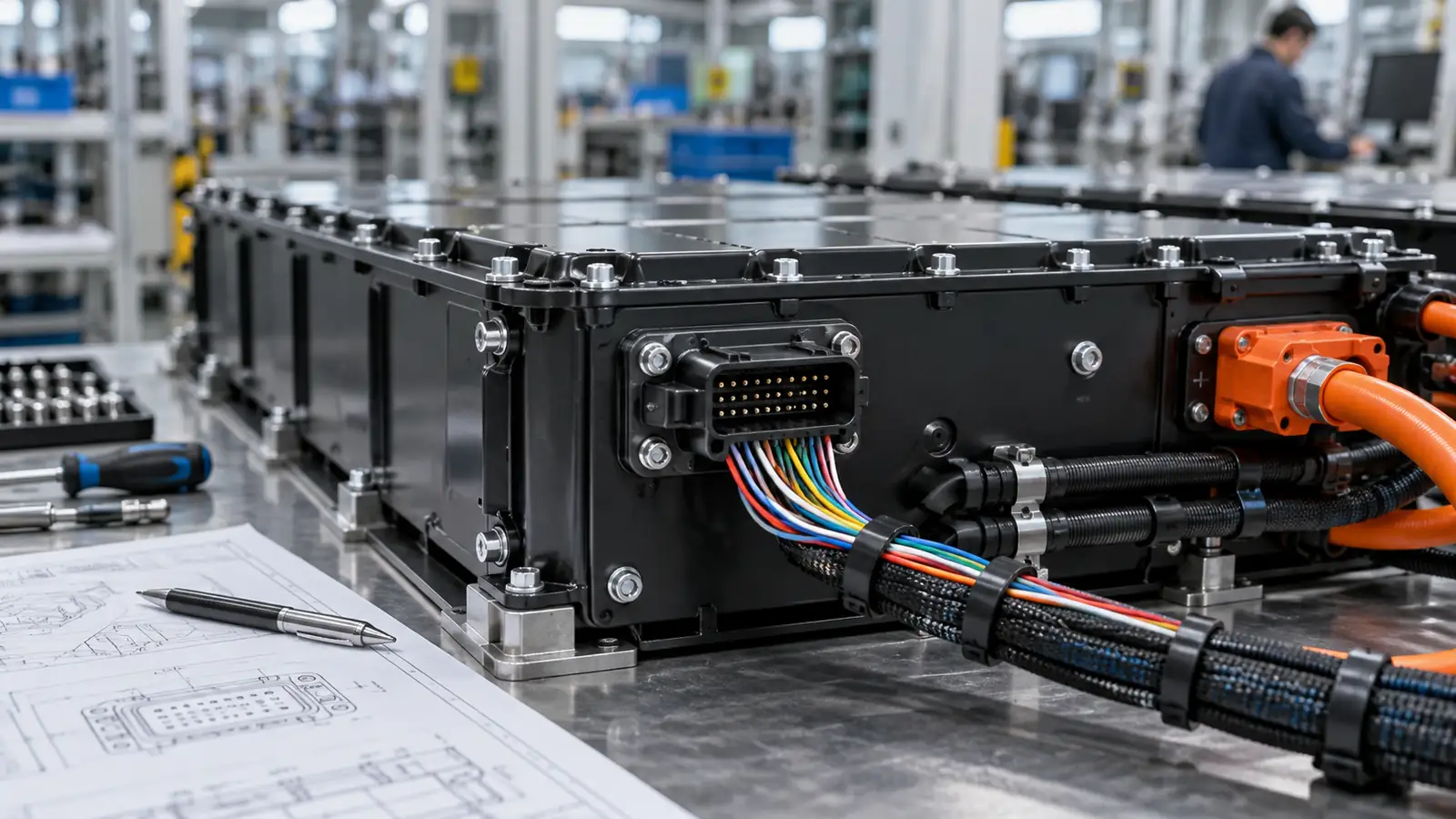 BMS communication harness connector and pinout interface on an industrial lithium battery pack